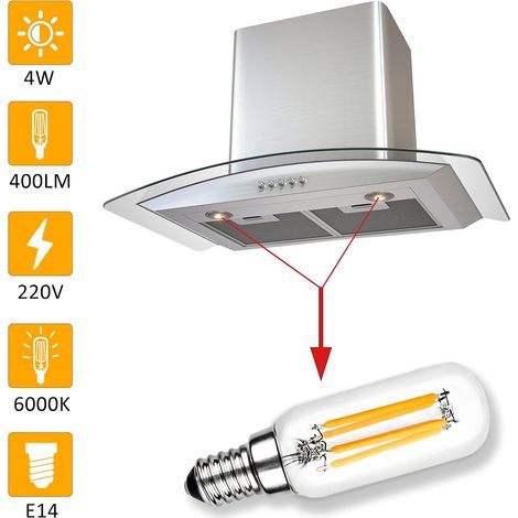 2 Pièces Ampoule Hotte Aspirante 40W de Remplacement Incandescent, E14 T25 LED 4W Ampoule de hotte, Ampoule à Filament Edison, Blanc, 6000K, Lampe Pour Hotte Aspirante