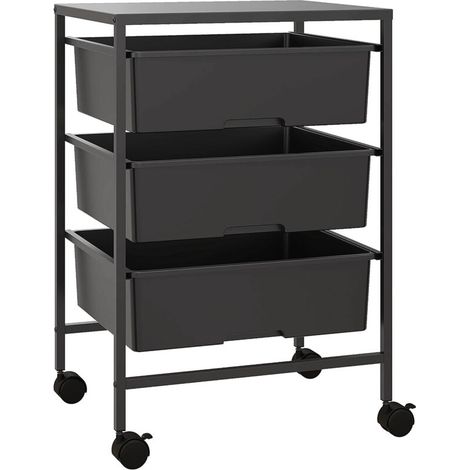 Chariot de rangement à roulettes en acier, desserte de service 3 niveaux avec plateau et 3 paniers, idéal pour cuisine et atelier. (1/5)
