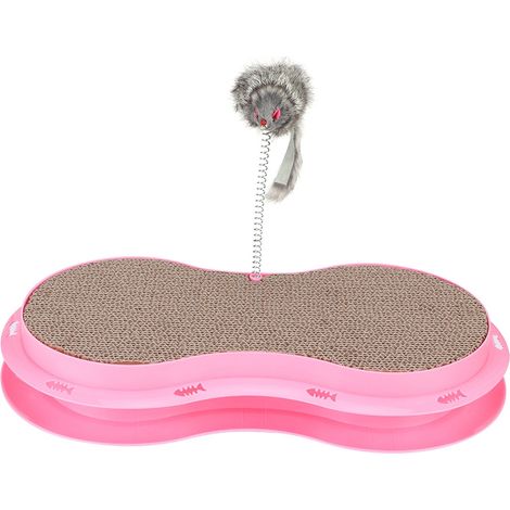 Griffoir Chat Carton Ondulé avec Herbe à Chat et Jouets, 46x24cm, Rose (1/5)