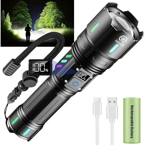 Jayxinli Lampe Torche LED Ultra Puissante 1000000 Lumens – Rechargeable 5000mAh avec Affichage LCD, 5 Modes, Zoomable, IP67 Étanche – Lampe Torche Puissante pour le Camping, les Randonnées (1/5)