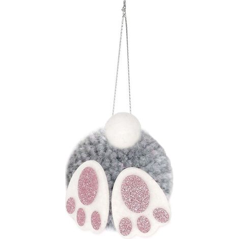 Ornement De Pâques - Pompons À Oreilles Et Queue De Lapin - Décoration Accrochable Pour Arbre Et Couronne - Gris - Lot De 6
