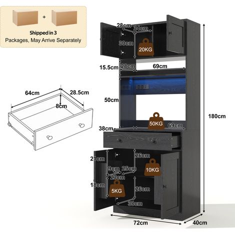 Aparador alto de cocina 72x40x180 cm en MDF negro con LED y enchufe, ahorro de espacio - MEUBLIV (1/5)