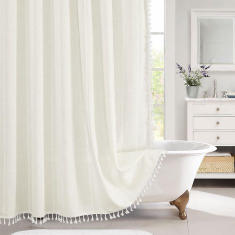 Rideau De Douche - 91 x 183 cm - Coton Et Lin - Blanc - Avec Pompons - Demi-Taille - Pour Salle De Bain - 1 Pièce (1/5)