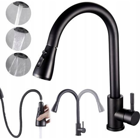 ROBINET DE CUISINE AVEC BECS EXTRACTIBLE, NOIR, ROBINET DE CUISINE SUR PIED, 3 MODES (1/5)