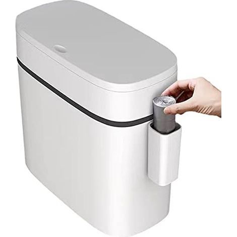 Poubelle en plastique ultra fine avec couvercle, poubelle rectangulaire à pression pour salle de bain, chambre, cuisine et bureau, blanche (12 litres) (1/5)