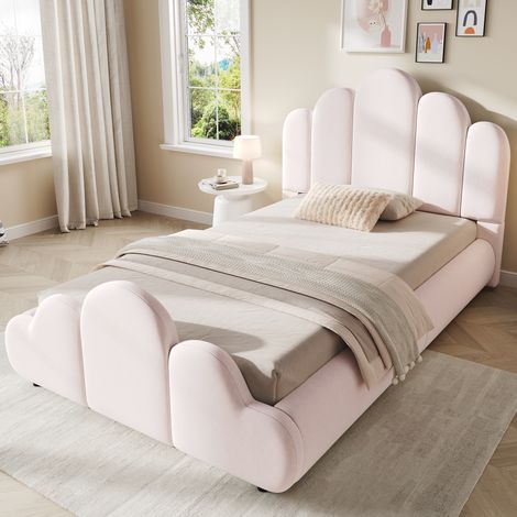 VVBV Lit rembourré 90 x 200 cm, tête de lit rembourrée, angles arrondis, velours, rose