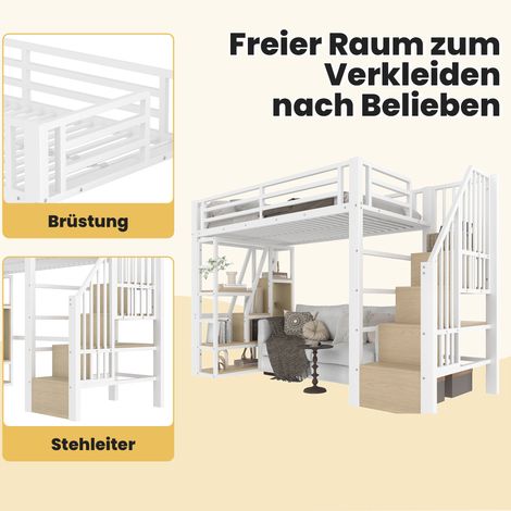 Lit mezzanine 90x200cm blanc cadre fer,marches et rampe de sécurité intégrées,éclairage LED,espace de rangement sous le lit sans matelas.