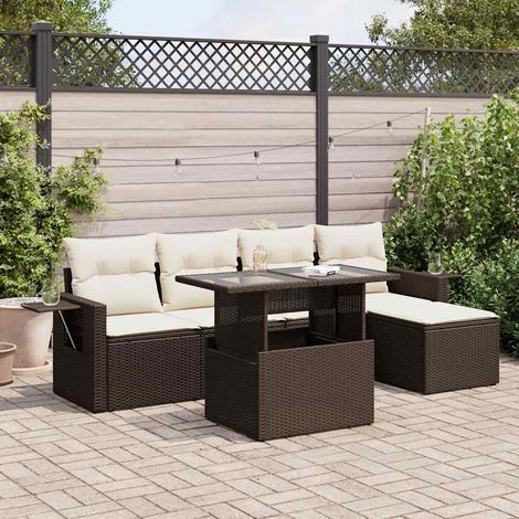 Ensemble Salon de Jardin 6 Pièces en Résine Tressée Marron avec Table Réglable et Coussins Blanc Crème - Lot Complet Canapé, Fauteuils et Repose-Pieds (1/5)