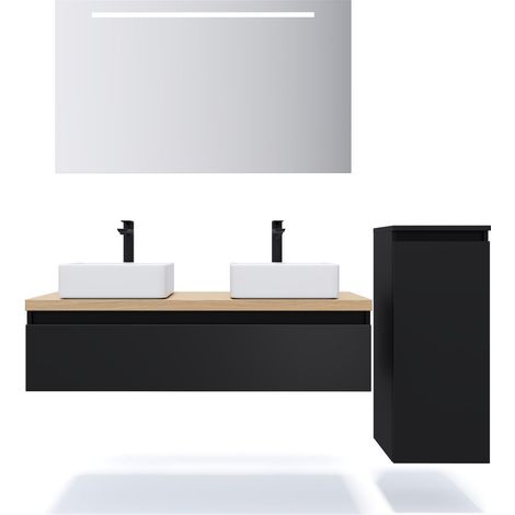 Meuble de salle de bain suspendu 2 vasques à poser 120cm 1 tiroir Noir + miroir + colonne ouverture droite - Hudson (1/5)