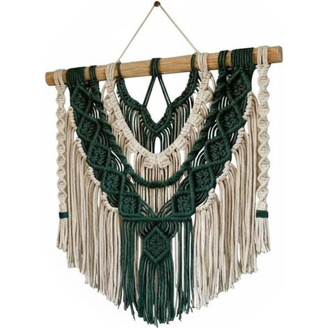 Macrame Wall Hanging Tapestry, Artistic Decoration with Geometric Patterns, Soft and Lightweight to the Touch, Suitable for Living Room, Bedroom, Children's Room, Cafe, Hotel, White + Dark Green, 80x8 (1/5)