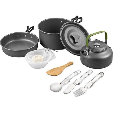 Kit de cuisine de camping en plein air, comprenant une poêle, une casserole, une cuillère à soupe, un bol en bambou et une pelle. Kit de cuisine pour pique-nique et randonnée.