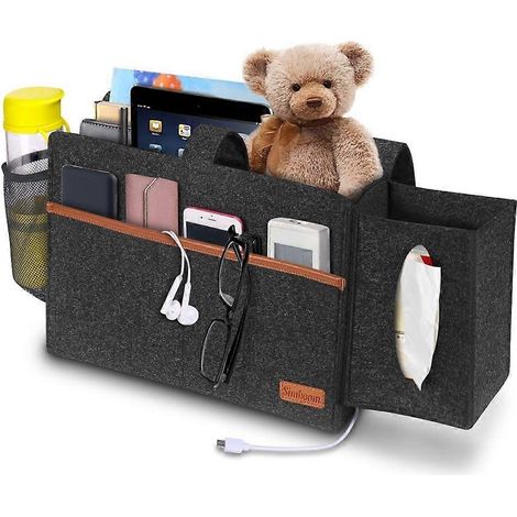 Organisateur de lit suspendu, sac de lit suspendu en feutre épais antidérapant avec boucle, support pour télécommande, organisateur de rangement suspendu pour canapé et table de chevet (noir) (1/5)
