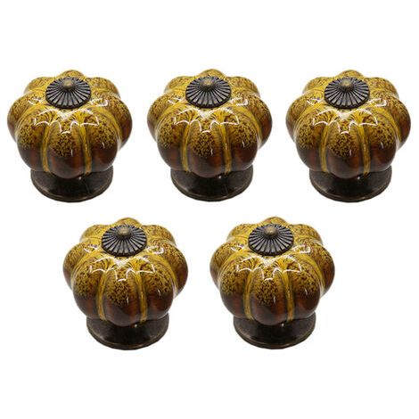 5 poignées de meubles, céramique lisse et alliage de zinc, motif citrouille léopard jaune, pour tiroirs et armoires (1/5)
