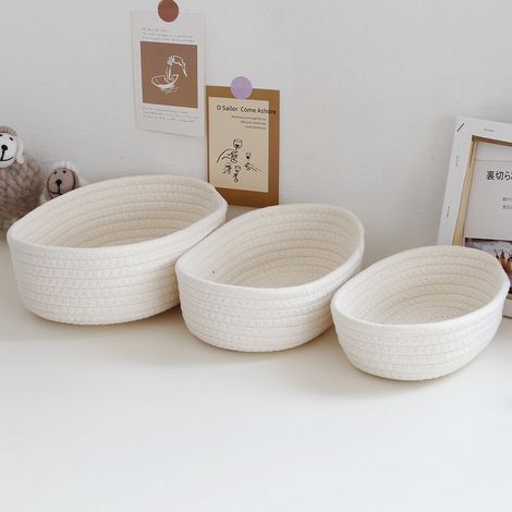 Lot de 3 paniers de rangement ovales de bureau en corde de coton tissée à la main, blancs, pour maquillage et collations. (1/5)