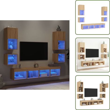 The Living Store 8-tlg. Wohnwand mit LED-Beleuchtung Sonoma-Eiche Holzwerkstoff - LED-Beleuchtung (1/5)