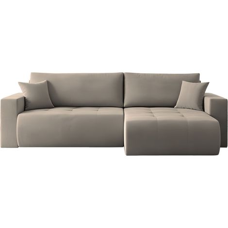 Ecksofa 3-Sitzer Schlafsofa mit Bettkasten und Schlaffunktion in Scandi-Design – Universal Rechts/Links – mit Rücken- und Dekokissen – Strukturstoff Taupe Beige Grau