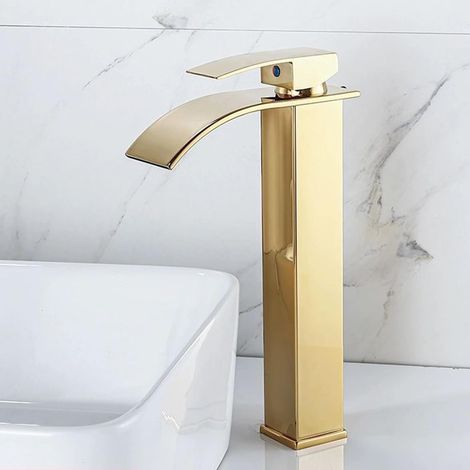 Robinet Cascade Lavabo Salle de Bain en Laiton Mitigeur Cascade Lavabo Or Robinetterie Eau Chaude et Froide Disponible-Haut