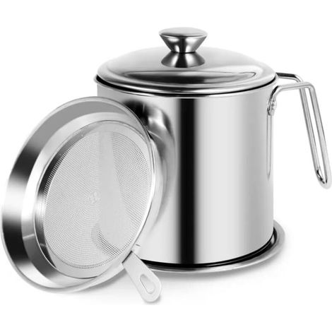 Récipient à graisse avec filtre et couvercle, 1,4 L, en acier inoxydable, anti-fuite, avec poignée antidérapante, pour huile de cuisson et graisse de friture. (1/4)
