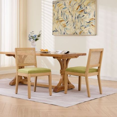 Rattan Dining Chairs Set of 2,Farmhouse Kitchen Chairs with Cane Back,Mid Century Modern Side Chairs with Natural Hardwood Frame,Soft Sponge & S-Spring Cushion for Home Kitchen, Olive Green,DE2883OL (1/5)