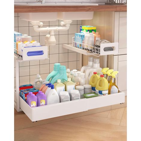 Under Sink Storage Metal 2 Levels Sliding Drawer Kitchen Bathroom Cabinet Cupboard Adjustable Height Expandable Sink Organizer Adjustable Width and Height (1/5)