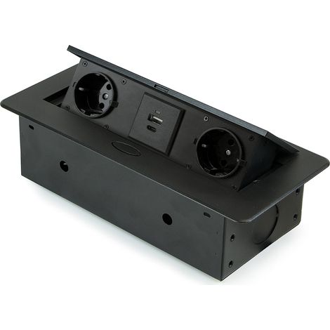 Emuca Desktop Multi-Connector Atom 26 Lite 225x111mm, 2 Schuko-Stecker, 1 USB Typ A, 1 USB Typ C, Zamak-Stahl-Kunststoff, Schwarz (1/5)