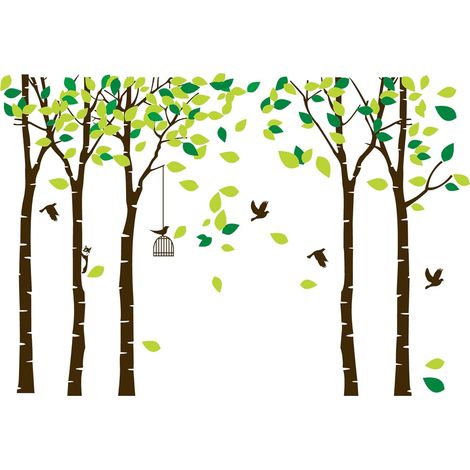 Pegatinas de pared gigantes de jungla de 5 árboles, hojas verdes y pájaros voladores, 104 x 71 pulgadas. Decoración de pared DIY. Vinilos decorativos para habitación infantil, sala de estar, guardería
