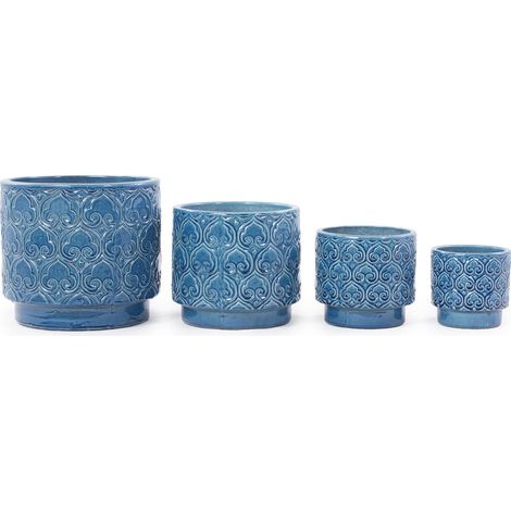 Maceta de cerámica artesanal azul brillante Ø38 cm con relieve de corazones, drenaje y base (1/5)