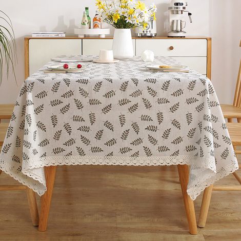 Nappe rectangulaire – Mélange coton-lin – Idéale pour les repas et les pique-niques – 140 x 180 cm – Finition en dentelle – Motif feuilles vertes (1/3)