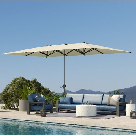 Sombrilla doble de aluminio blanco crema 451 x 264 cm con manivela, poliéster UPF50+, sin base