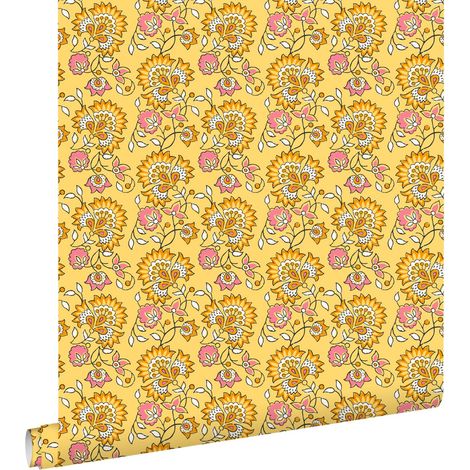 papier peint fleurs vintage jaune et rose - ESTAhome (1/5)