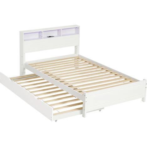 Cama doble con cama nido 90x190 cm, cabecero con LED y toma de carga, blanca (1/5)