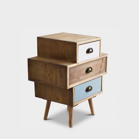 Mesita de noche shabby chic de madera con 3 cajones Victoria (1/5)