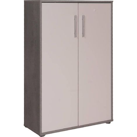 Dmora - Armadio multiuso 2 ante Angie, Mobile ausiliario, Guardaroba portascarpe, Libreria multifunzione a 2 ante, 79x34h118 cm, Cemento e Bianco