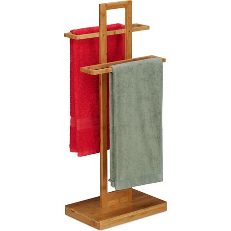 Relaxdays Toallero de Pie, Soporte Toallas Bambú, 2 Brazos, Tendedero Baño Madera, 88 x 35,5 x 23,5 cm, Marrón Natural (1/5)