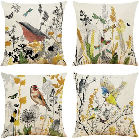 Set of 4 square cushion covers with floral and bird pattern for sofa, living room, bedroom, office, porch, 45 x 45 cm