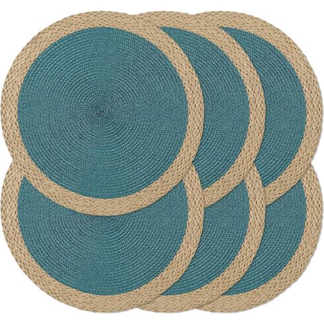 Lot de 6 sets de table ronds tressés de 38,1 cm, antidérapants et lavables à bords larges pour décoration de table de cuisine, salle à manger (bleu, 6)'Bord Large Marron, Bleu 6 pcs'Bord Large Marron, (1/5)