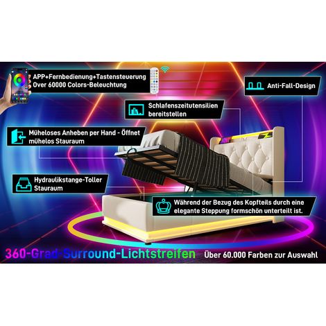 Lit individuel angle 90×200 cm. LED 360°, commande multiple, PU blanc, hydraulique, charge USB‑C (avec matelas) (1/5)