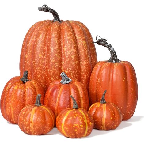 Lot de 7 citrouilles artificielles pour décoration d'automne – Citrouilles orange de différentes tailles, grandes citrouilles réalistes pour Halloween et Thanksgiving(orange) (1/5)