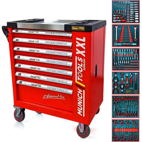 Servante d'Atelier MUNICH TOOLS XXL Cabinet 7/6 Rouge, sur 4 roulettes 7 tiroirs dont 6 outillés - 1 placard Latéral, Clé Dynamo