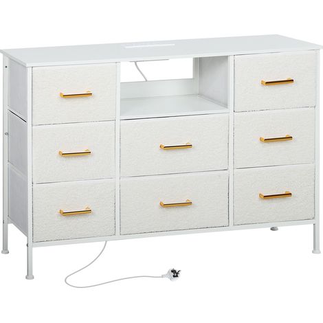 Boucle Chest of Drawers, 8 Fabric Drawers Storage Organiser with Charging Station, 2 USB and 2 AC Ports, Steel Frame, Fabric Dresser for Living Room, Bedroom, Hallway, Cream White (1/5)