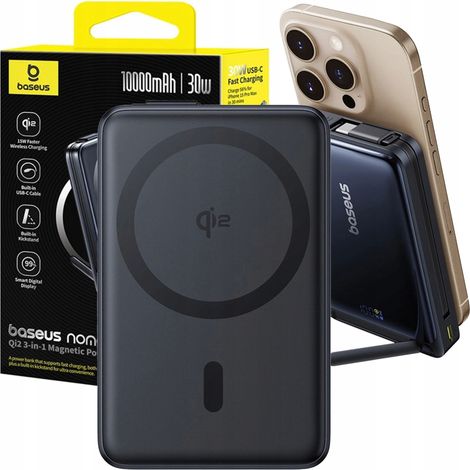 10000 mAh Magnetische Powerbank mit Ständer und integriertem USB-C Qi2 MagSafe 30W-Kabel – Schwarz