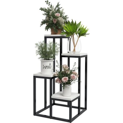 Étagère à plantes étagère à fleurs en métal et bois 4 niveaux de différentes hauteurs style industriel 34 x 34 x 66 cm