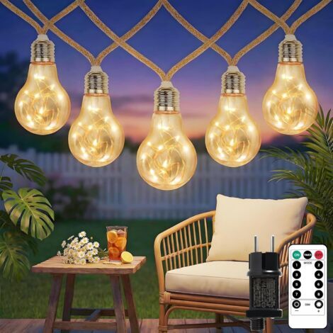 Solar Outdoor String Lights, 7M 20 LED Solar String Lights with Hemp Rope, 8 Modes, Vintage Timer, Solar String Lights for Gardens, Parties, Balconies, and Bedrooms (1/5)