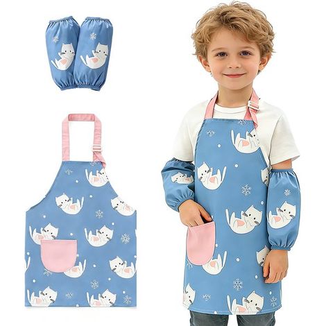 Set composto da grembiule e maniche regolabili e impermeabili per bambini. Grembiule da cucina con tasche per bambini e bambine, ideale per cucinare, preparare dolci, dipingere e fare giardinaggio. (1/5)