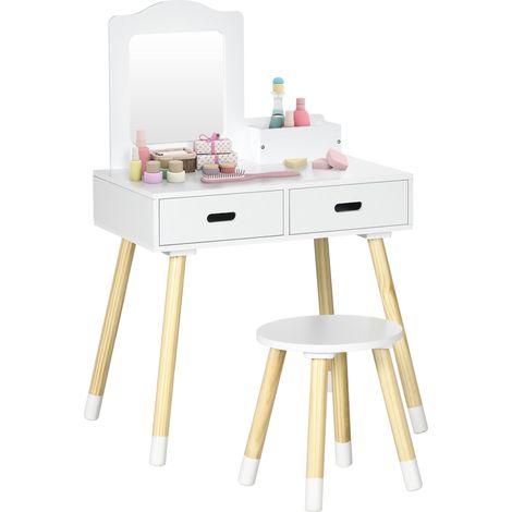 Coiffeuse en bois pour enfants avec tabouret et miroir, centre de beauté avec 2 tiroirs pour les 3-6 ans, 60 x 40 x 95 cm, blanche (1/5)