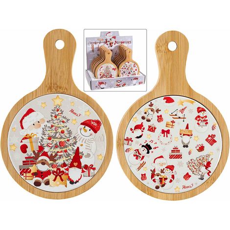 Taglieri / sottopentola di Natale in legno e ceramica decorata con soggetti natalizi, in espositore da 12 pezzi, set da 12 pezzi, cm 12 x 18 H