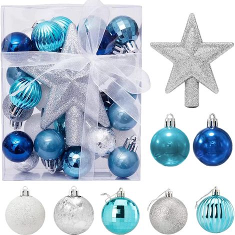 30 Pcs Mini Christmas Balls with Hanger, 3CM Small Blue and Silver Christmas Balls Mini Christmas Tree Tabletop Baubles Christmas Tree Decorations Set (1/5)