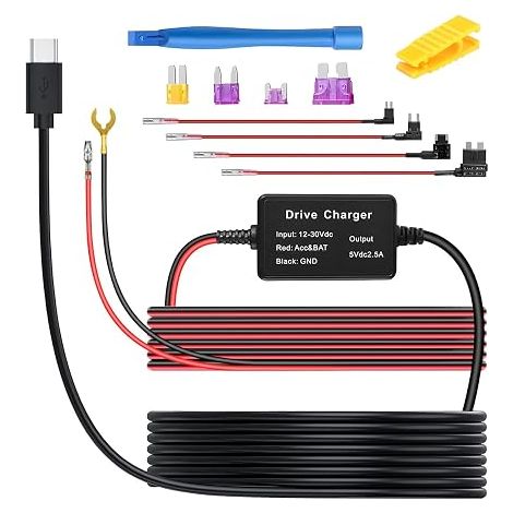 Mini Type-C Câble Chargeur Voiture, Câble Alimentation Caméra Tableau Bord, 12V - 24V à 5V Cordon Alimentation Chargeur Caméra Embarquée, Kit Câblage pour Caméra Embarquée, pour Dash Cam (1/4)