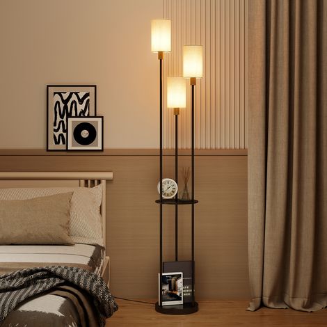 Puluomis Industrial Floor Lamp with 3 Linen Lampshade, Standing Lamp with Foot Switch, Floor Lamp with 2 Tier Shelf, for Living Room, Bedroom, Study, Black (1/5)