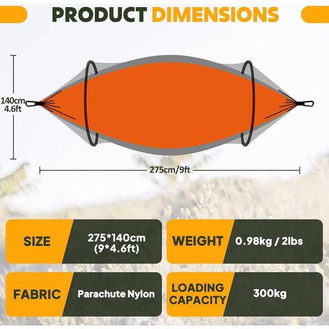 Hamac de Camping avec Moustiquaire 290 x 140 cm Hamac Ultraléger en Nylon Parachute Charge Max. 300 kg avec 2 Mousquetons et 2 Sangles pour Randonnée Camping Jardin (1/3)